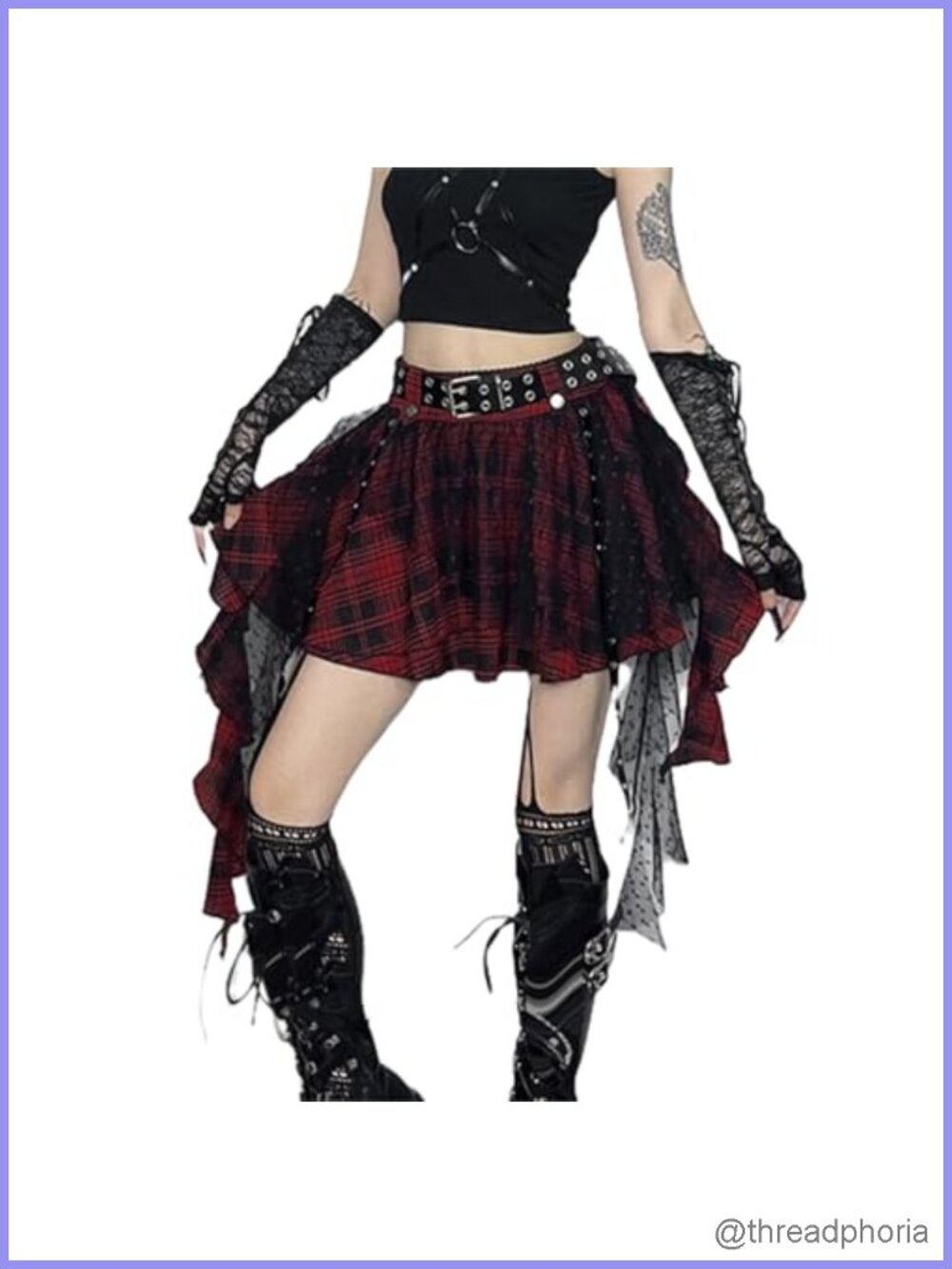 Goth Plaid Tulle A-Line Mini Skirt Punk Grunge High Waist Asymmetrical Halloween